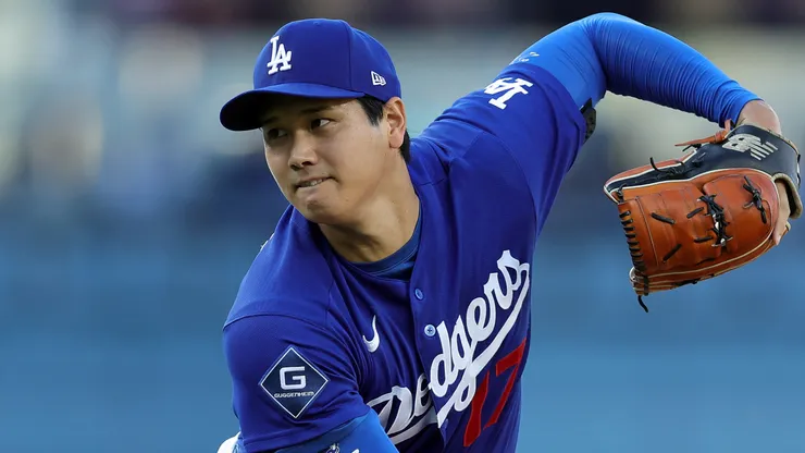 Shohei Ohtani #17 of the Dodgers on the mound against the Angels.