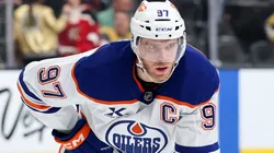 Connor McDavid #97 of the Edmonton Oilers waits for a faceoff.