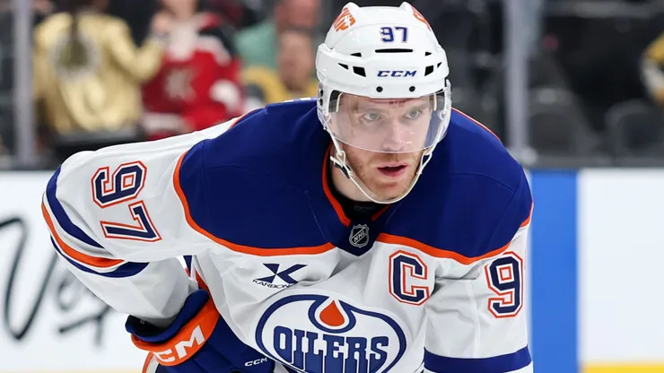 Connor McDavid #97 of the Edmonton Oilers waits for a faceoff.