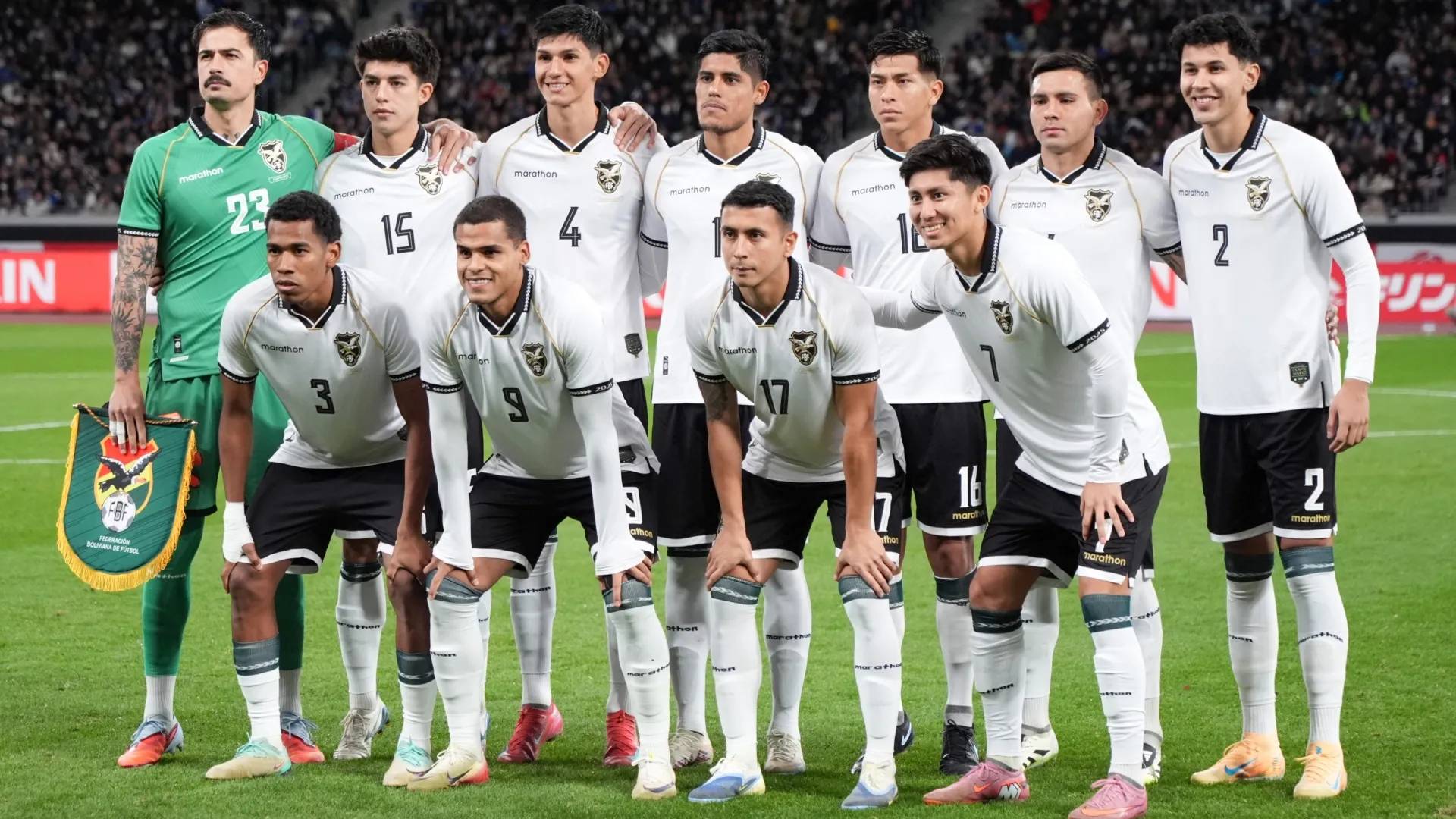 Bolivia players line up for the team photos prior to the international friendly match against Japan (Source: Koji Watanabe/Getty Images)