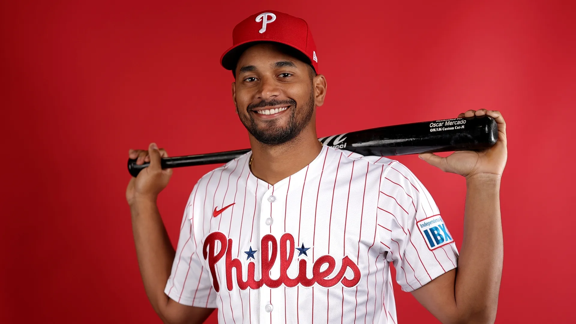 Oscar Mercado #24 of the Phillies poses for a portrait on February 20, 2025. Photo by Elsa/Getty Images