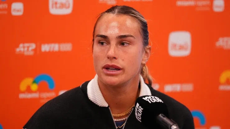Aryna Sabalenka of Belarus speaks to the media.