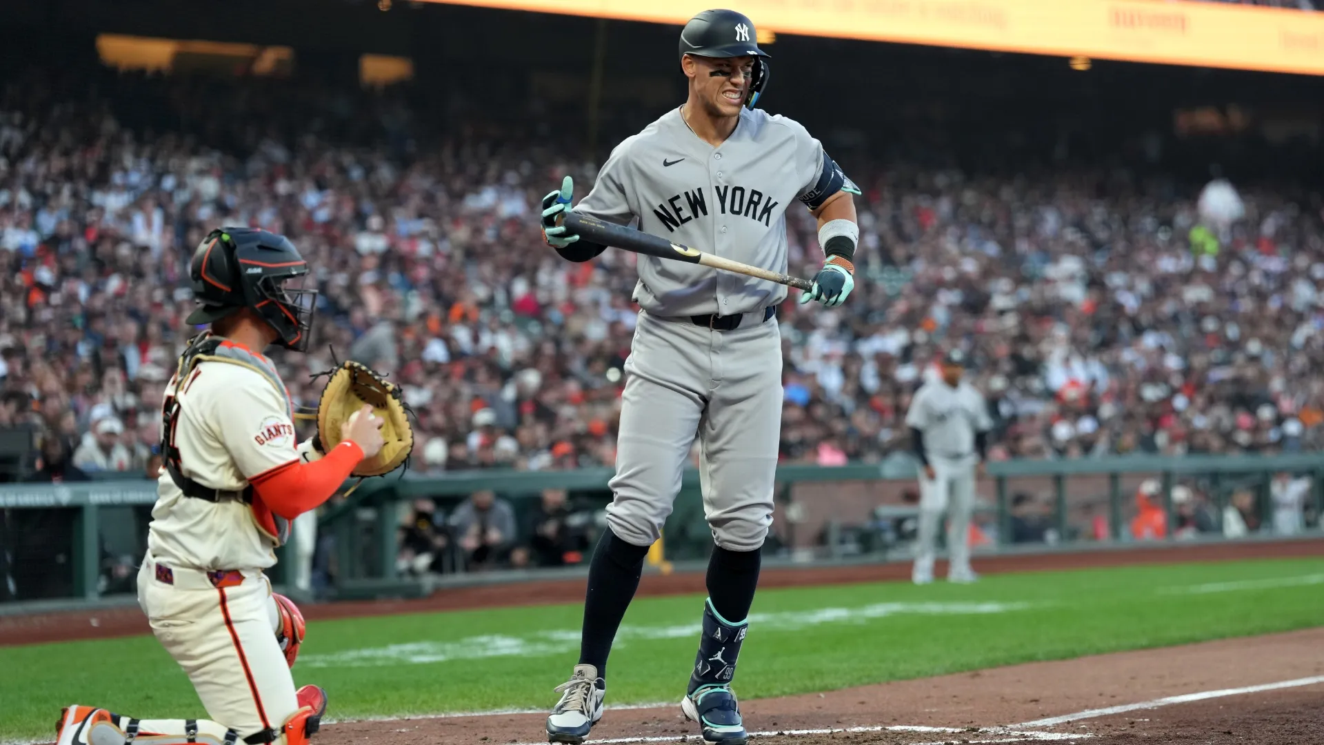 Aaron Judge #99 of the Yankees reacts after a strike out against the Giants. Thearon W. Henderson/Getty Images
