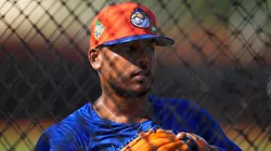 Freddy Peralta #51 of the New York Mets looks on during spring training workouts.
