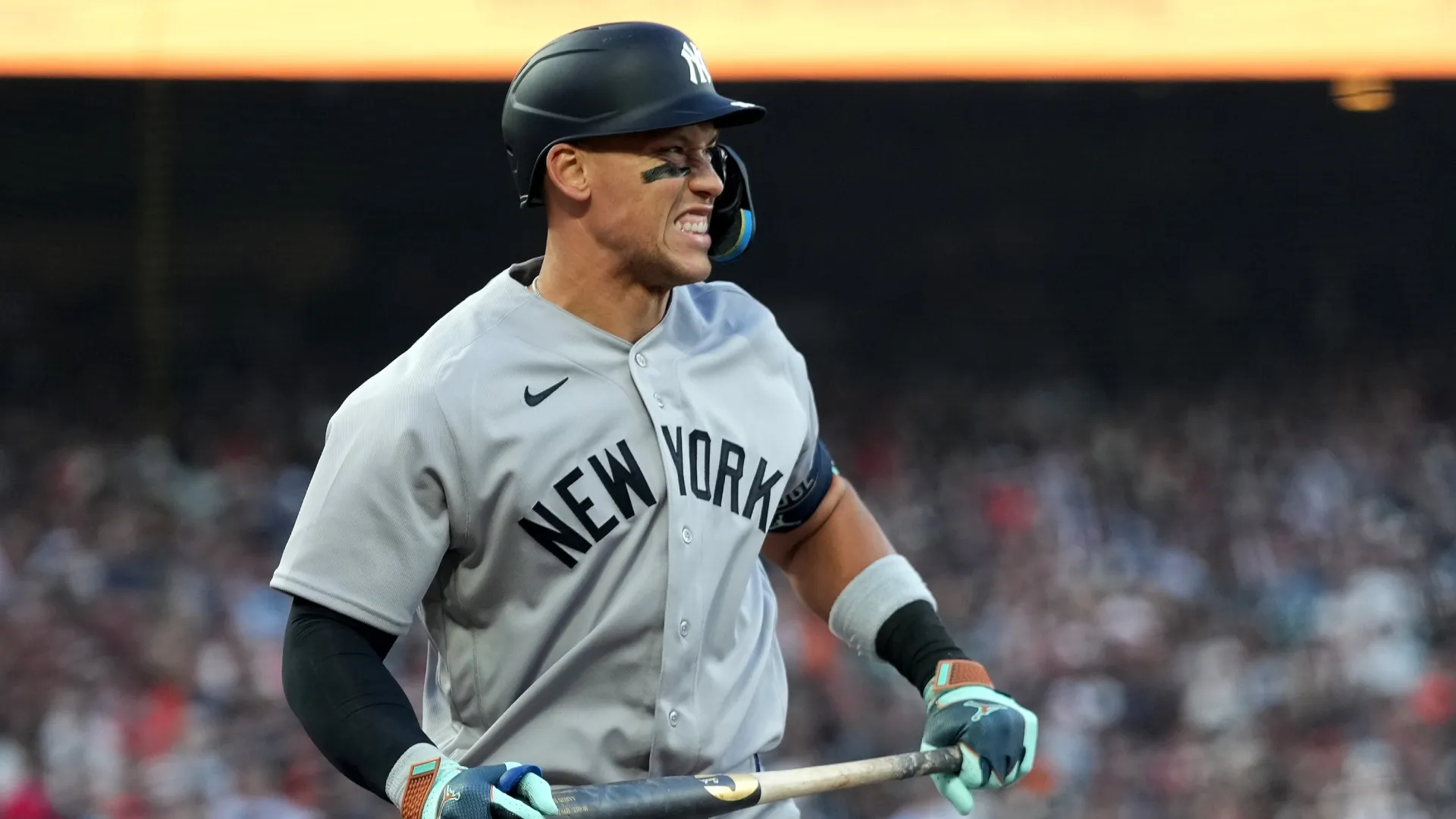 Aaron Judge #99 of the Yankees reacts after a strike out against the Giants. Thearon W. Henderson/Getty Images