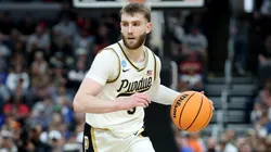 Braden Smith #3 of the Purdue Boilermakers dribbles against the Miami Hurricanes in March Madness 2026.