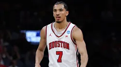 Milos Uzan #7 of the Houston Cougars during the 2026 NCAA Men's Basketball Tournament.