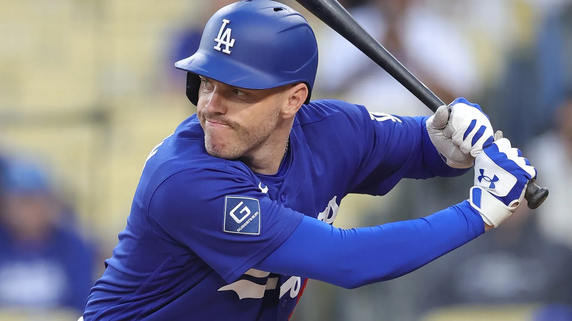 Freddie Freeman #5 of the Dodgers at bat against the Angels. Ronald Martinez/Getty Images