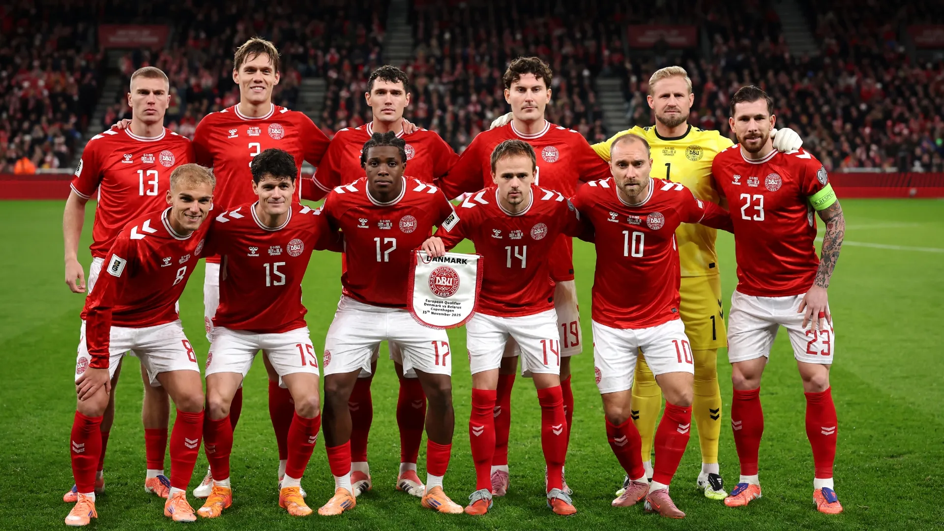 The team of Denmark line up prior to the FIFA World Cup 2026 qualifier match. Dean Mouhtaropoulos/Getty Images