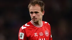 Mikkel Damsgaard of Denmark looks on during the FIFA World Cup 2026 qualifier match.
