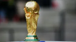 A detailed view of the FIFA World Cup trophy.