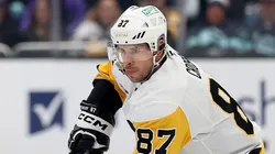 Sidney Crosby #87 of the Pittsburgh Penguins skates in his 1,400th career NHL game.