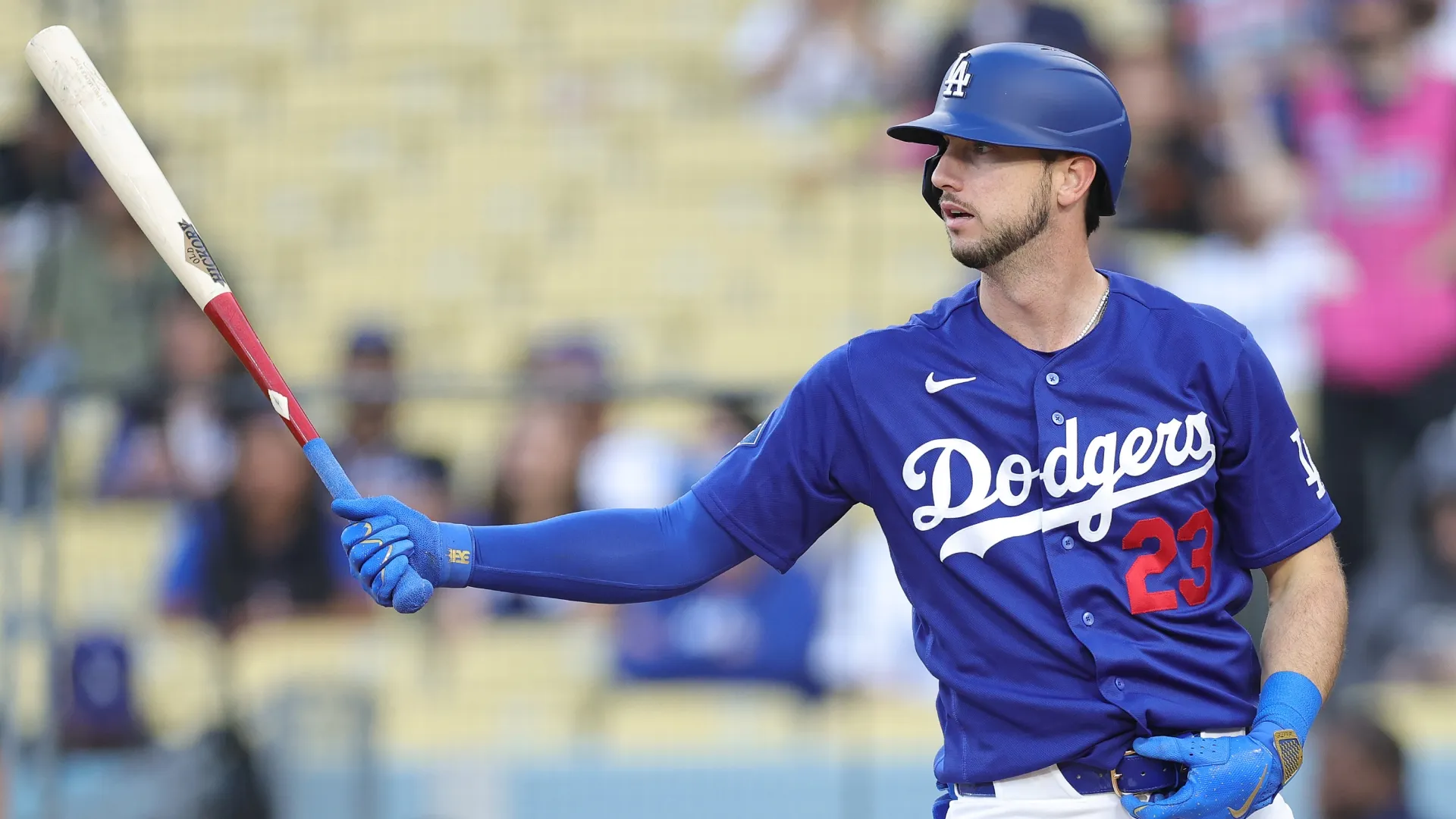 Kyle Tucker #23 of the Dodgers at bat against the Angels. Ronald Martinez/Getty Images