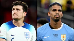 Harry Maguire of England and Ronald Araujo of Uruguay.