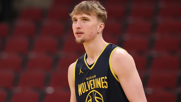 Winters Grady #10 of the Michigan Wolverines looks on during practice ahead of the NCAA Men's Basketball Tournament Sweet Sixteen.