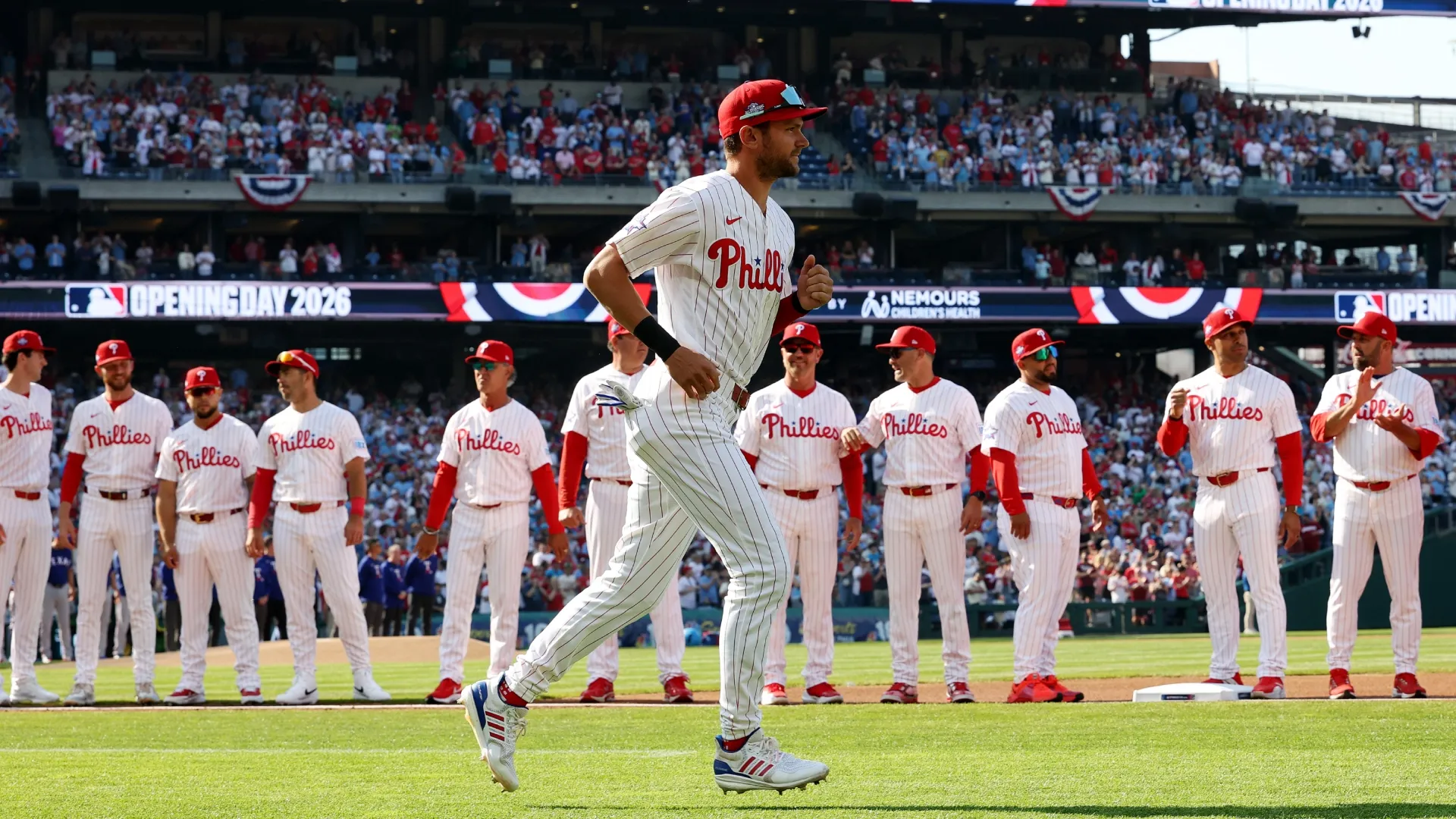Trea Turner #7 of the Phillies is introduced against the Rangers on Opening Day. Emilee Chinn/Getty Images