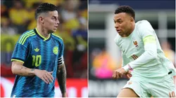 James Rodriguez of Colombia and Kylian Mbappe of France.