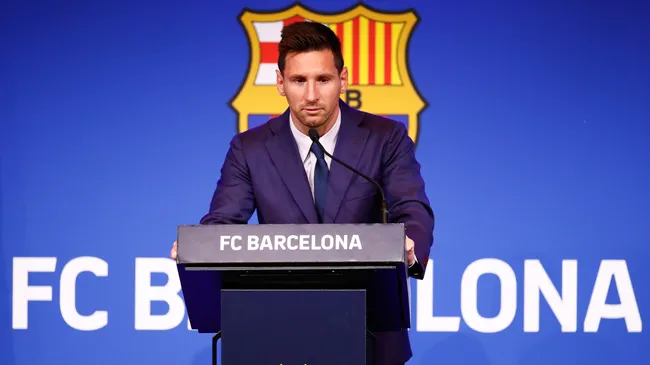 Lionel Messi during a press conference, announcing he was leaving Barcelona. (Getty Images)