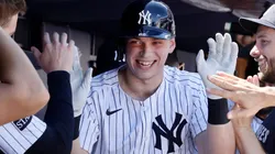Ben Rice #22 of the Yankees celebrates his home run.
