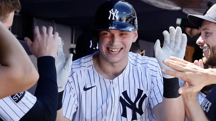 Ben Rice #22 of the Yankees celebrates his home run.