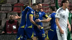 Haris Tabakovic of Bosnia & Herzegovina celebrates with his teammates after scoring a goal.