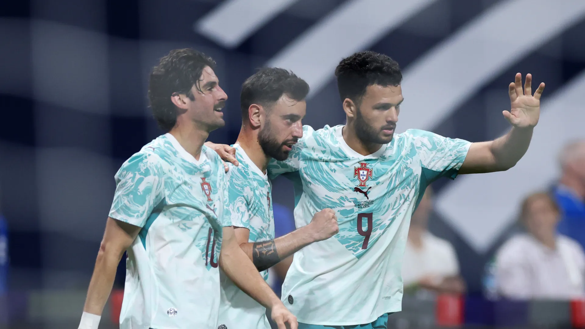 Francisco Trincao, Bruno Fernandes, and Goncalo Ramos of Portugal