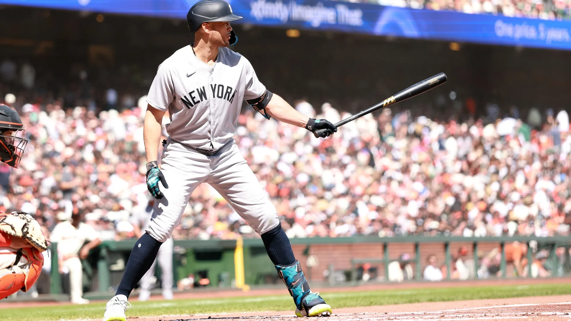 Giancarlo Stanton #27 of the Yankees bats against the Giants. Ezra Shaw/Getty Images