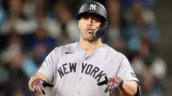Giancarlo Stanton #27 of the New York Yankees celebrates his RBI double.