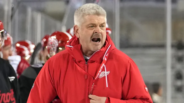 Head coach Todd McLellan of the Red Wings reacts during practice.