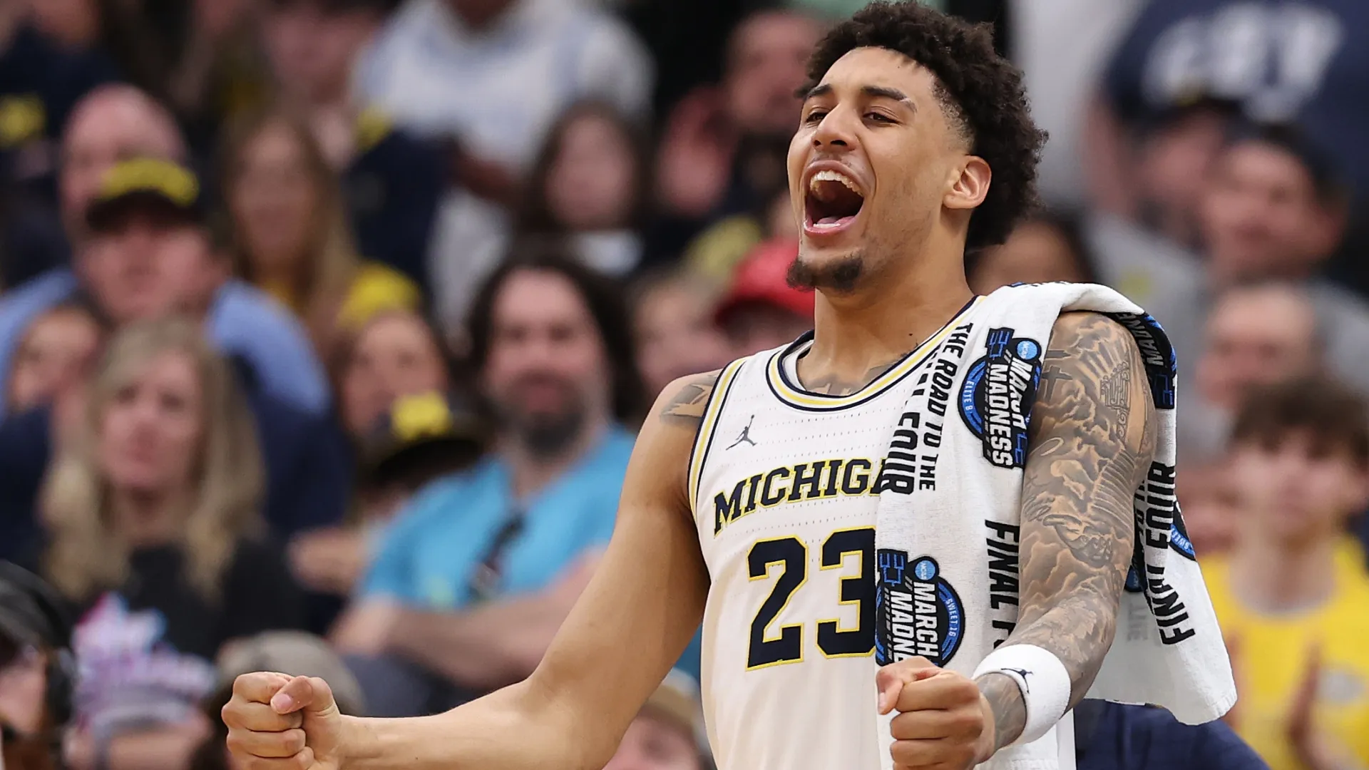 Yaxel Lendeborg #23 of the Michigan Wolverines during 2026 March Madness (Source: Michael Reaves/Getty Images)