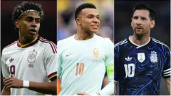Lamine Yamal of Spain, Kylian Mbappe of France and Lionel Messi of Argentina.