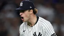 Cam Schlittler #31 of the New York Yankees celebrates during the fifth inning.