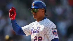 Juan Soto #22 of the New York Mets reacts to hitting a RBI.