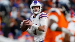 Josh Allen #17 of the Buffalo Bills looks to pass against the Denver Broncos in 2026.