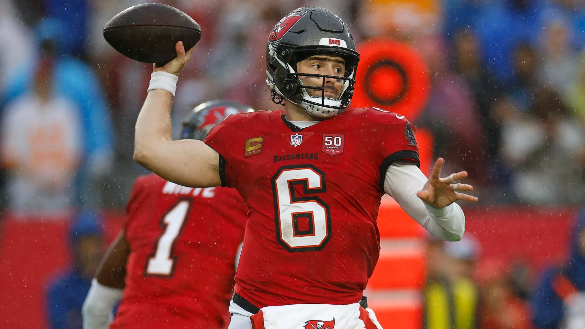 Baker Mayfield #6 of the Tampa Bay Buccaneers throws a pass in 2026 (Source: Mike Ehrmann/Getty Images)
