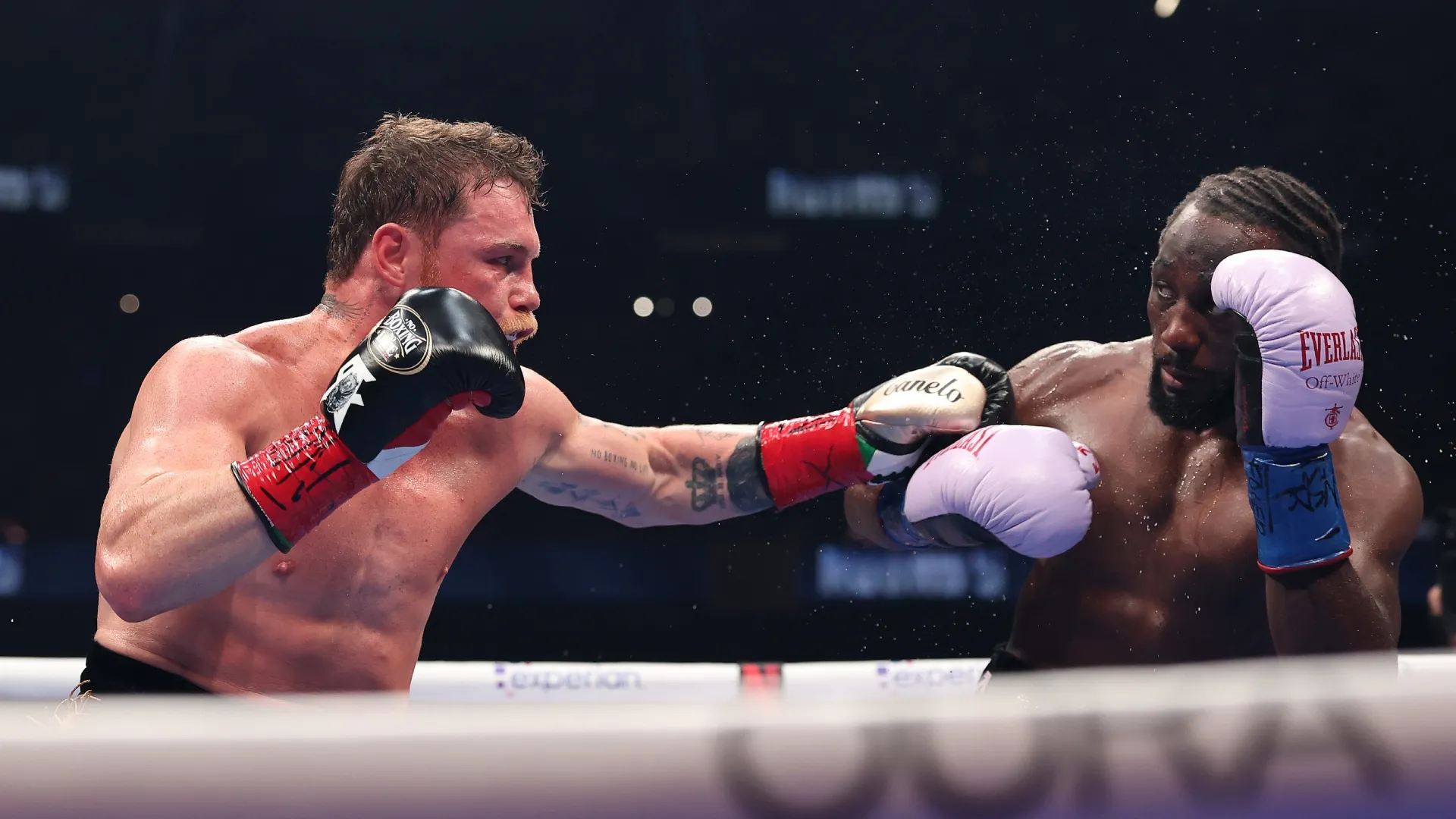 Canelo Alvarez  throws a left punch at Terence Crawford in their undisputed super middleweight title fight. Sarah Stier/Getty Images for Netflix)
