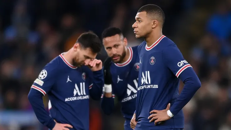 Lionel Messi, Neymar Jr., and Kylian Mbappe during a PSG match.