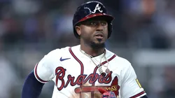 Ozzie Albies #1 of the Atlanta Braves runs to first.