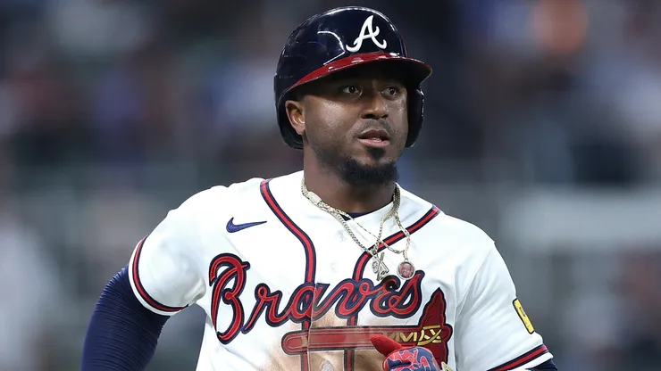Ozzie Albies #1 of the Atlanta Braves runs to first.