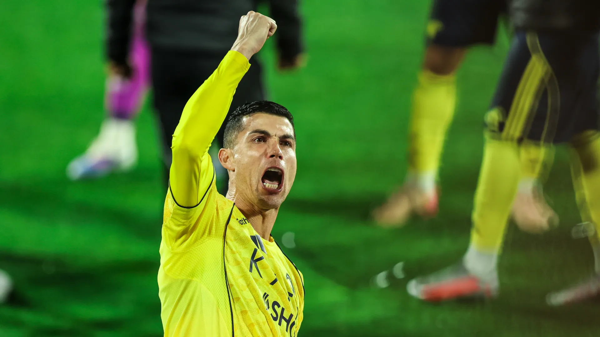 Cristiano Ronaldo celebrates a win for Al Nassr. (Getty Images)