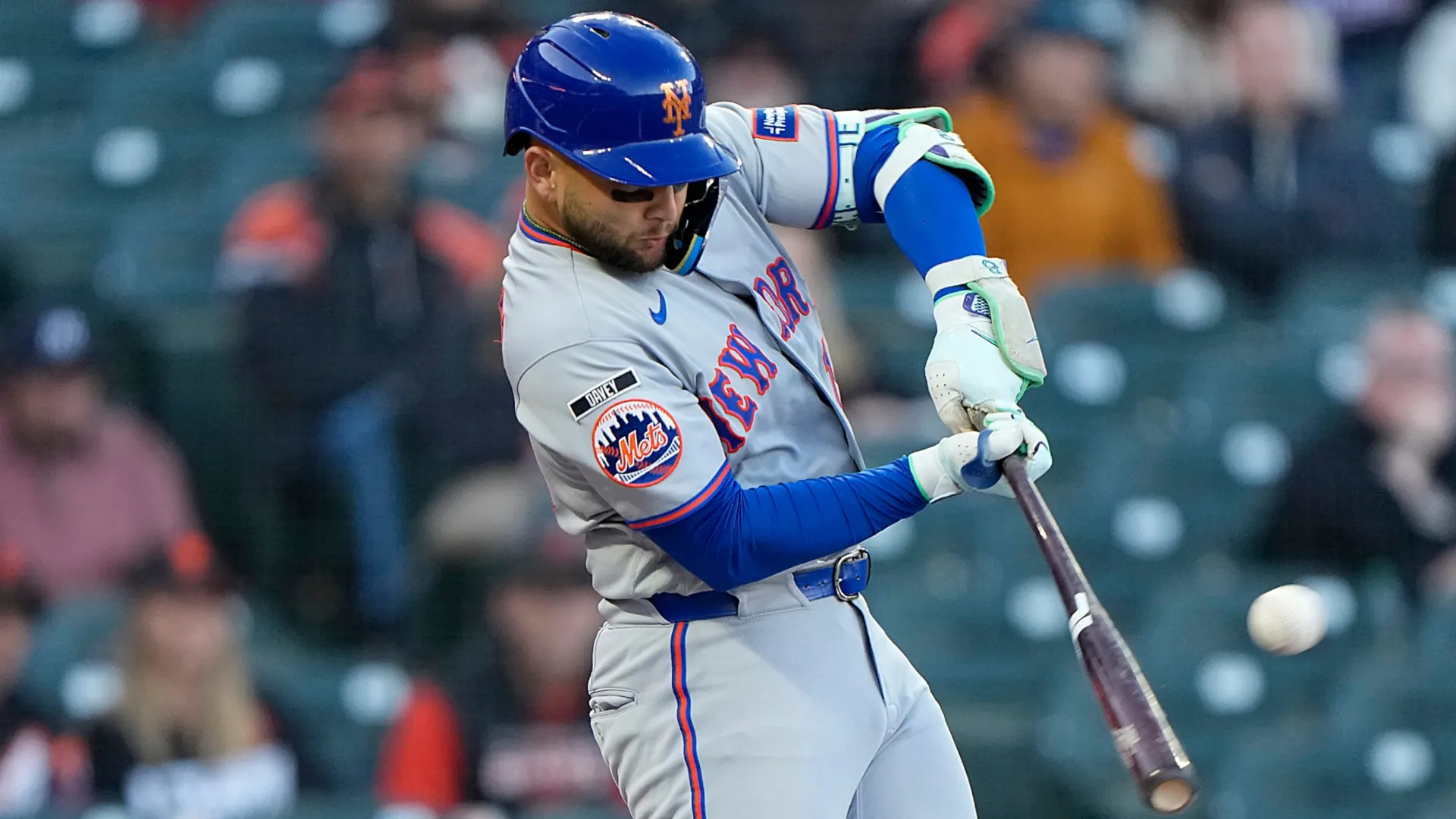 Bo Bichette #19 of the Mets hits a double against the Giants. Thearon W. Henderson/Getty Images