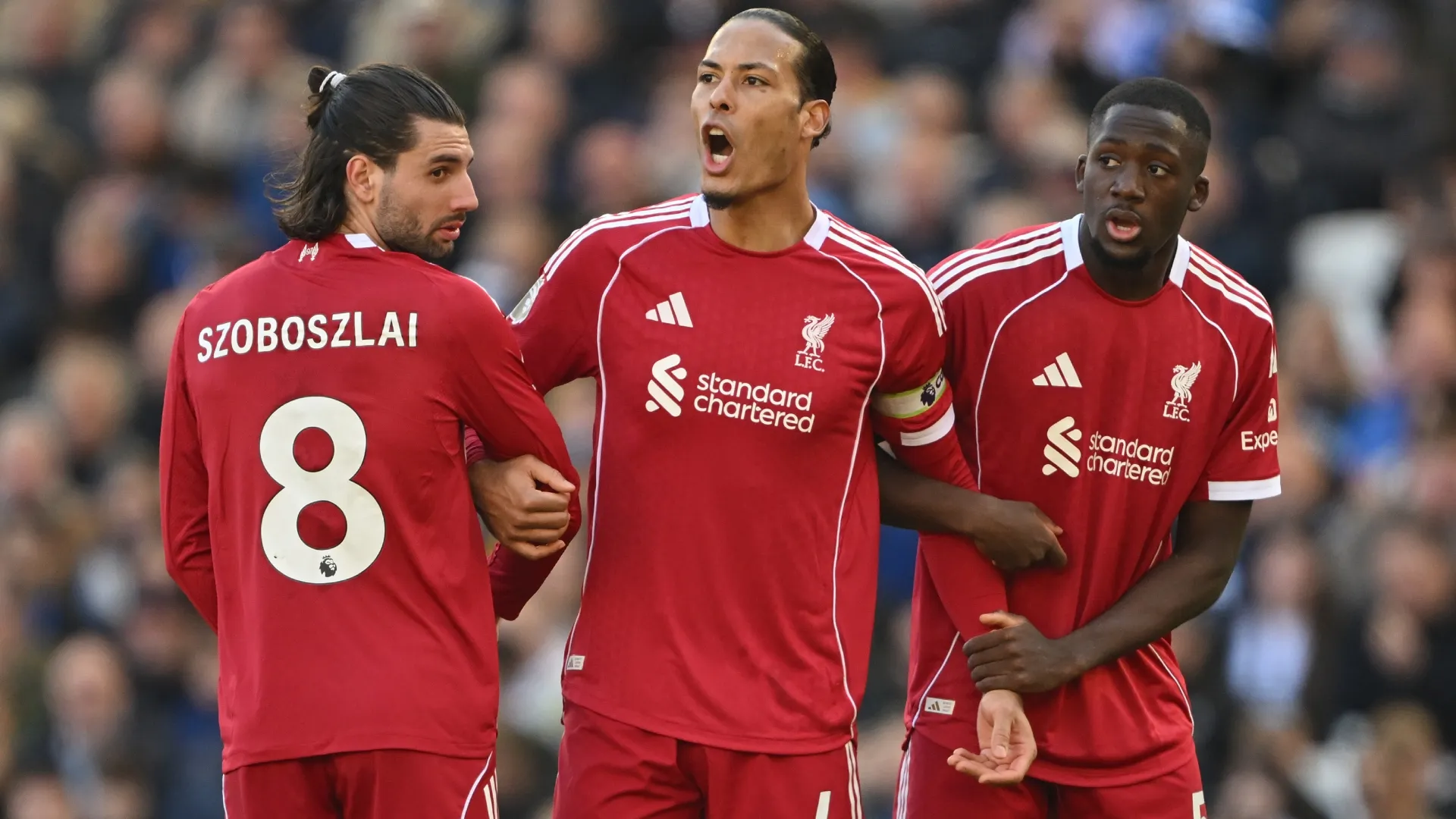 Virgil van Dijk, Dominik Szoboszlai and Ibrahima Konate of Liverpool (Source: Mike Hewitt/Getty Images)