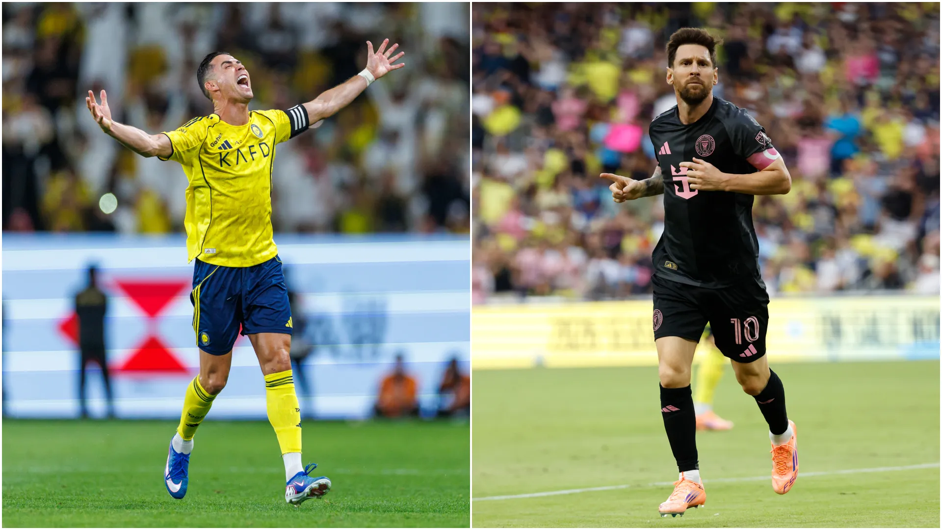 Cristiano Ronaldo and Lionel Messi celebrate a goal. (Getty Images)