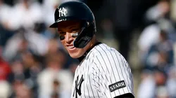 Aaron Judge #99 of the Yankees reacts after stealing second base.
