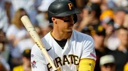 Konnor Griffin #6 of the Pirates in action during his first at bat in his major league debut.