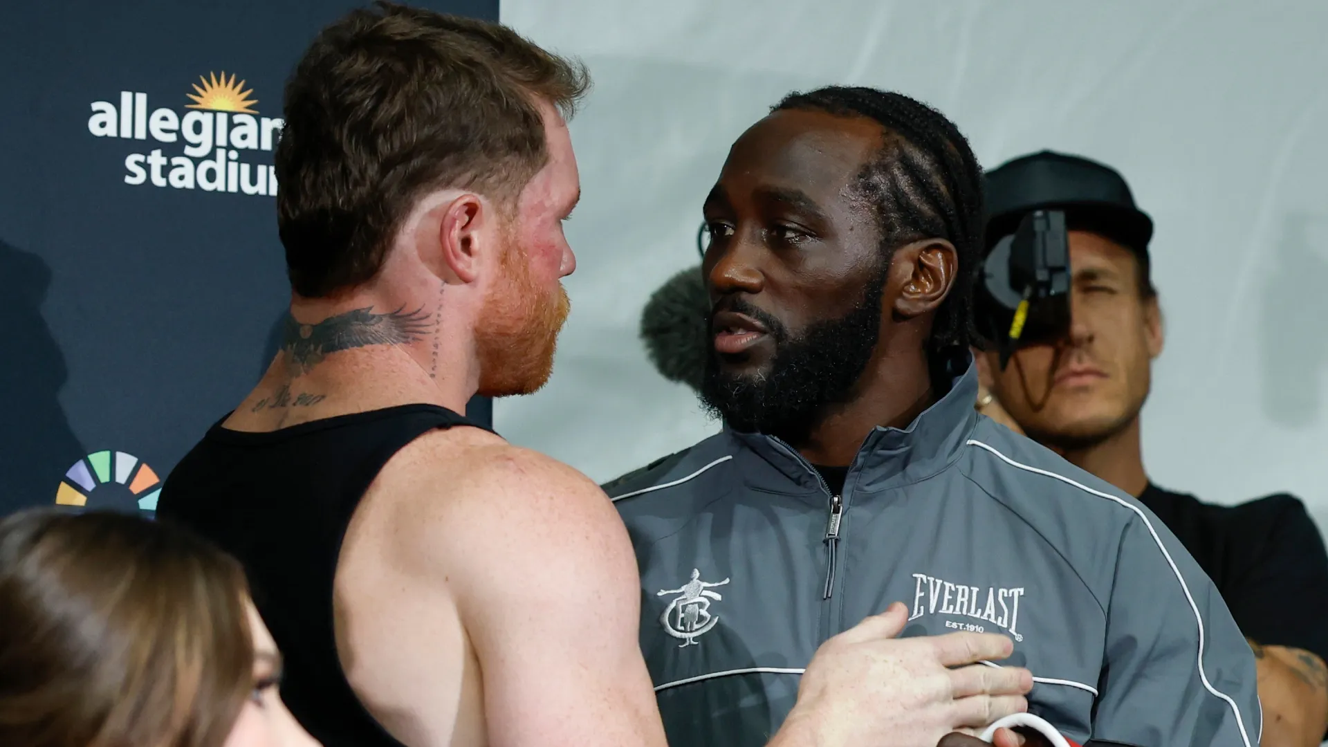 Canelo Alvarez, Terence Crawford talk at a press conference following their undisputed super middleweight title fight. Harry How/Getty Images for Netflix