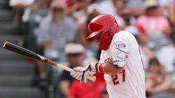 Mike Trout of the Los Angeles Angels is hit by a pitch