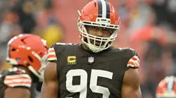 Myles Garrett #95 of the Cleveland Browns looks on prior to a game in 2025.