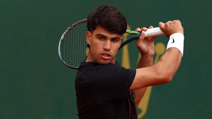 Carlos Alcaraz of Spain plays a backhand.