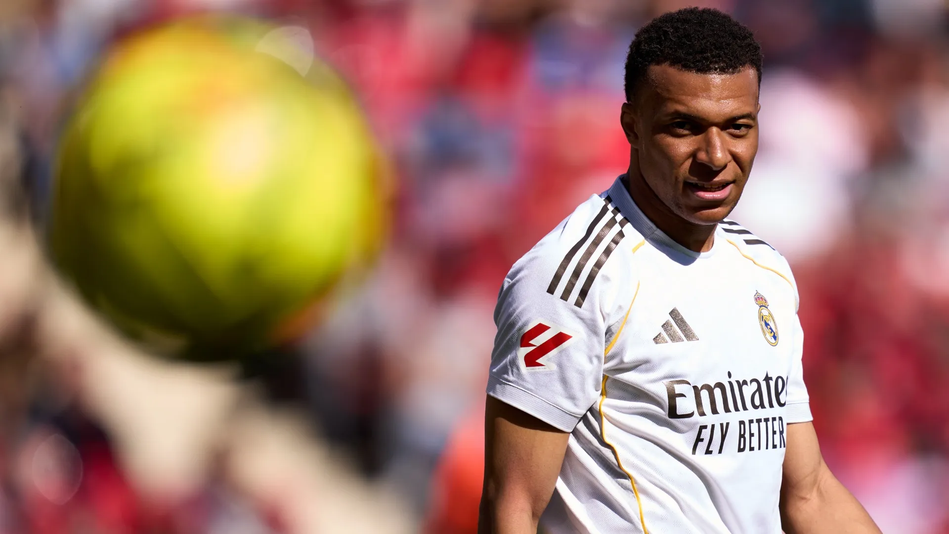 Kylian Mbappe looks on during a LaLiga EA Sports match (Source: Alex Caparros/Getty Images)